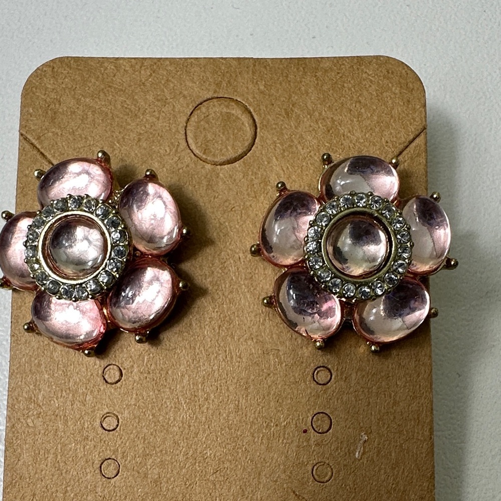 Vintage super clear Pink Floral Crystal Cluster Stud Earrings - Unbranded